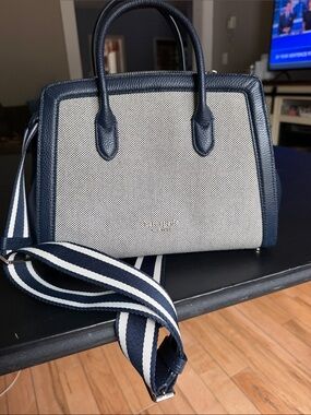 Structured Navy and Gray Tote with Striped Strap